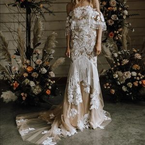 Boho Lace Off-Shoulder Wedding Dress in Ivory & Nude